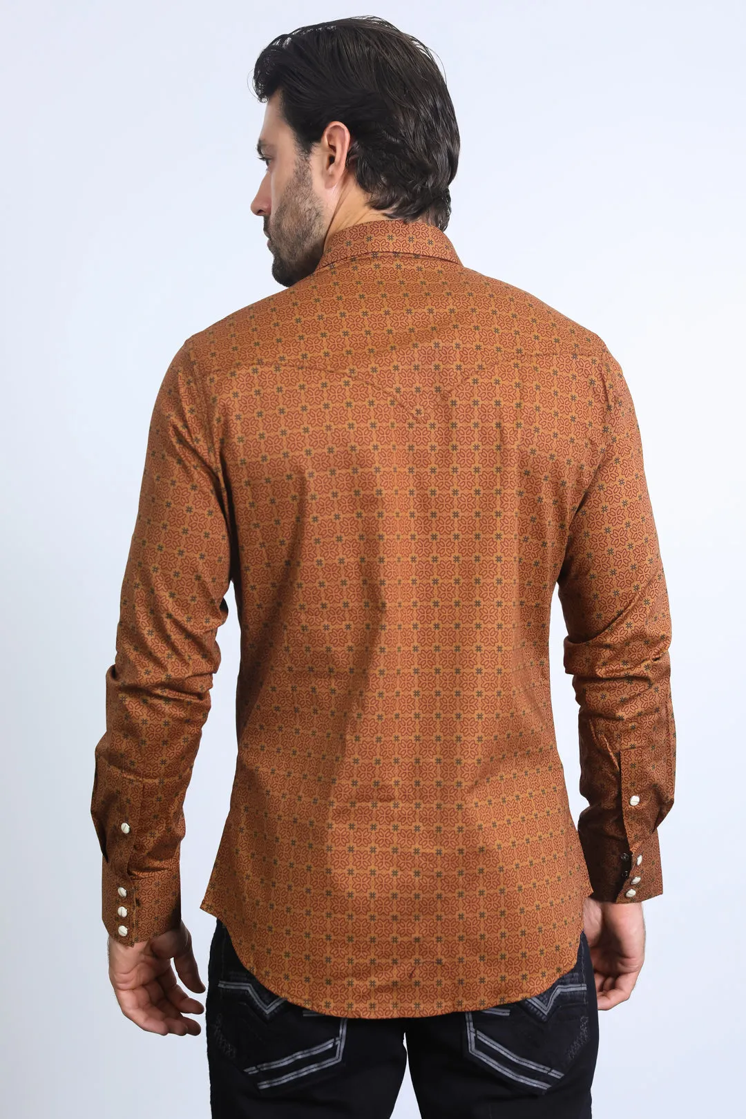 Mens Western Modern Fit Cotton/Spandex Long Sleeve Camel Shirt with Snaps