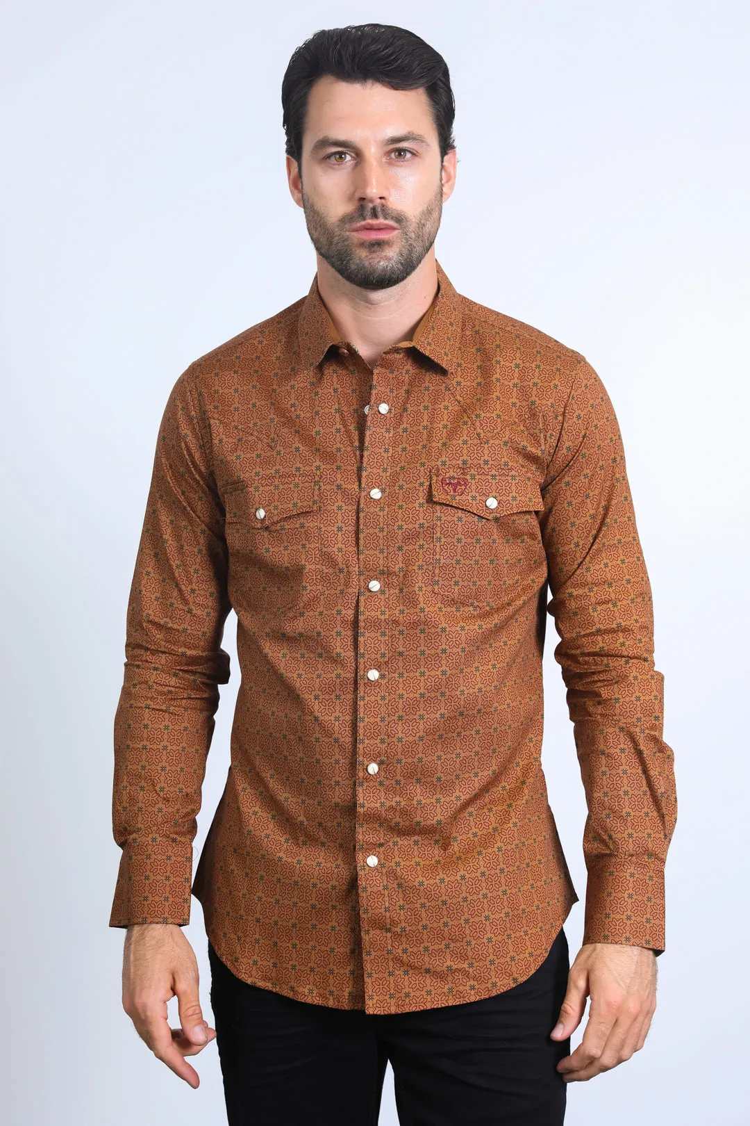 Mens Western Modern Fit Cotton/Spandex Long Sleeve Camel Shirt with Snaps