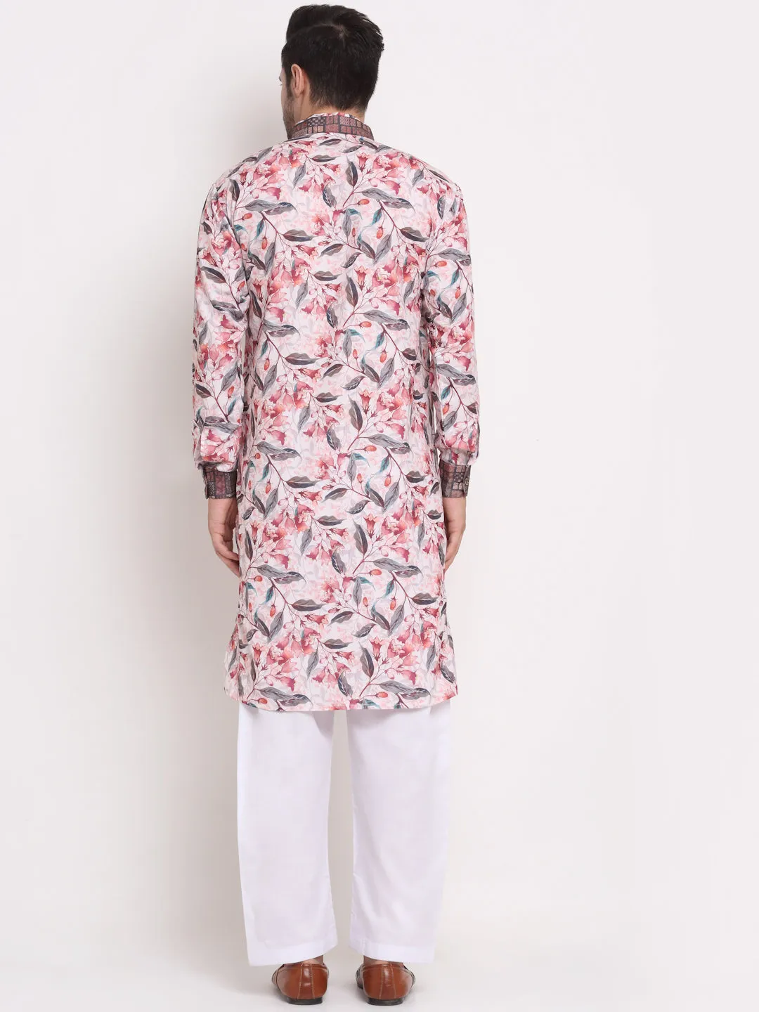 Men's White & Pink Printed Kurta With White Pyjamas Set - Benstoke