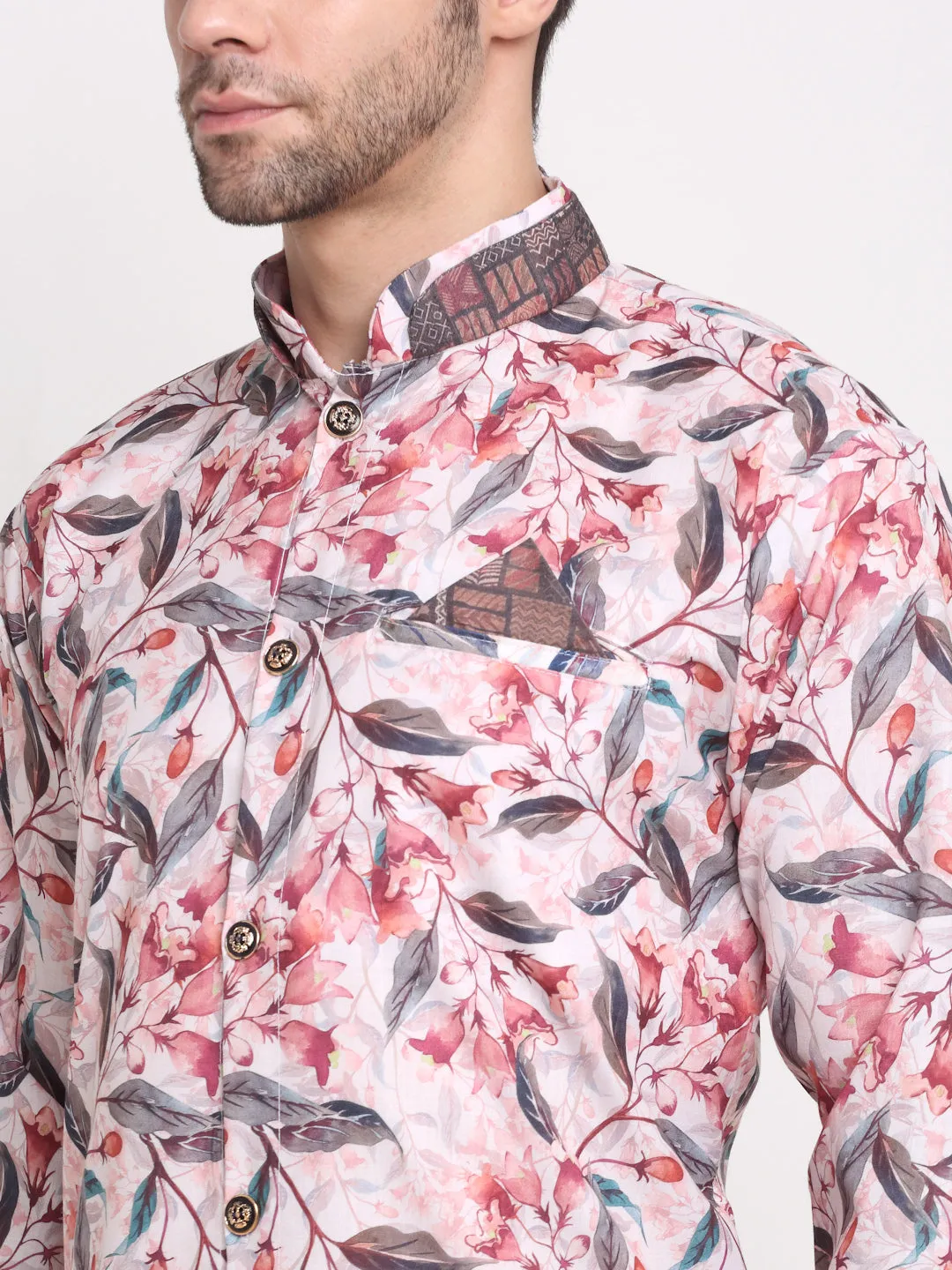 Men's White & Pink Printed Kurta With White Pyjamas Set - Benstoke