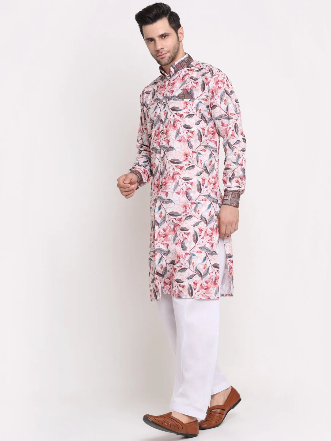 Men's White & Pink Printed Kurta With White Pyjamas Set - Benstoke