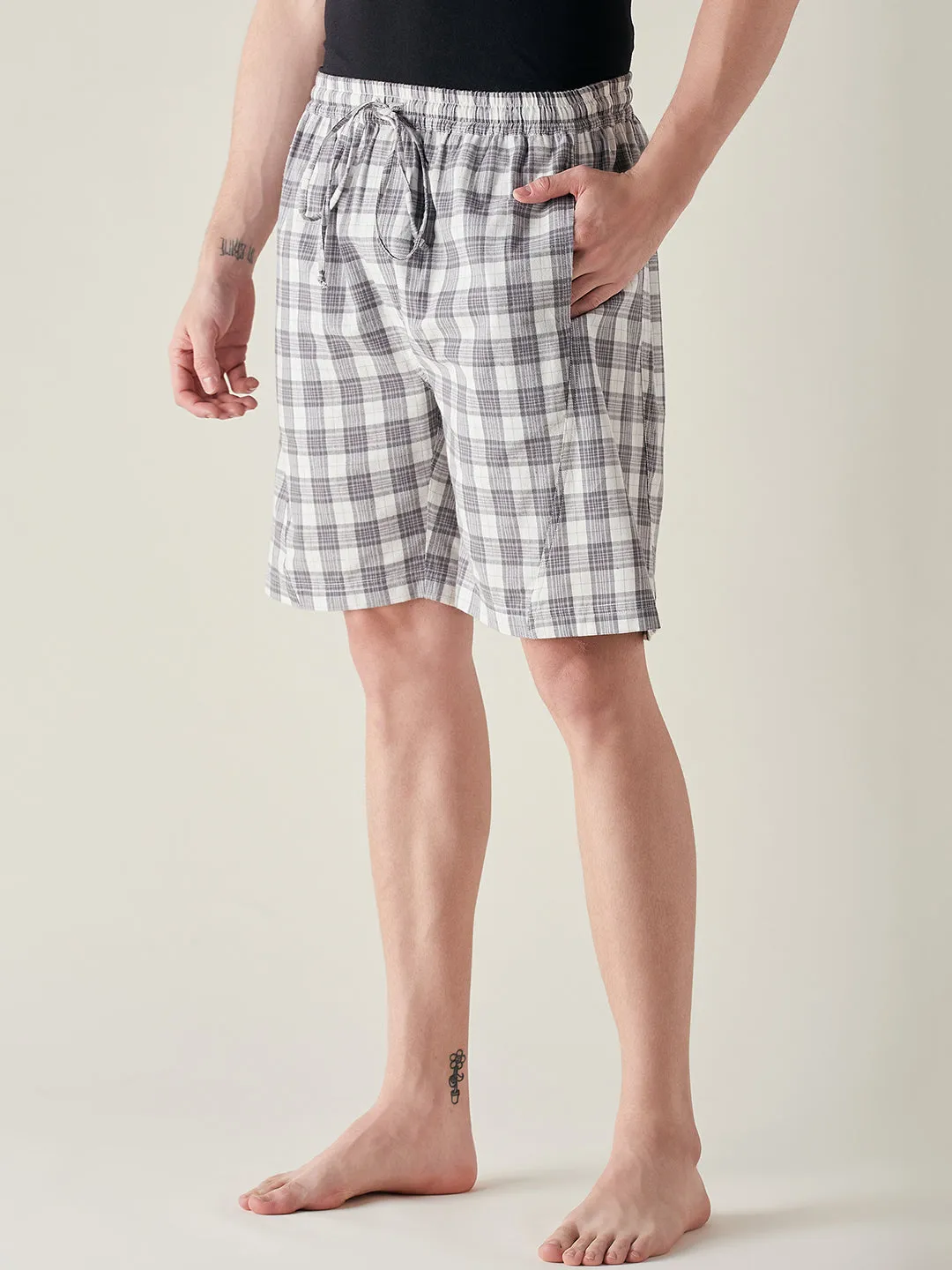 Mens White and Grey Soft Cotton Plaid Shorts