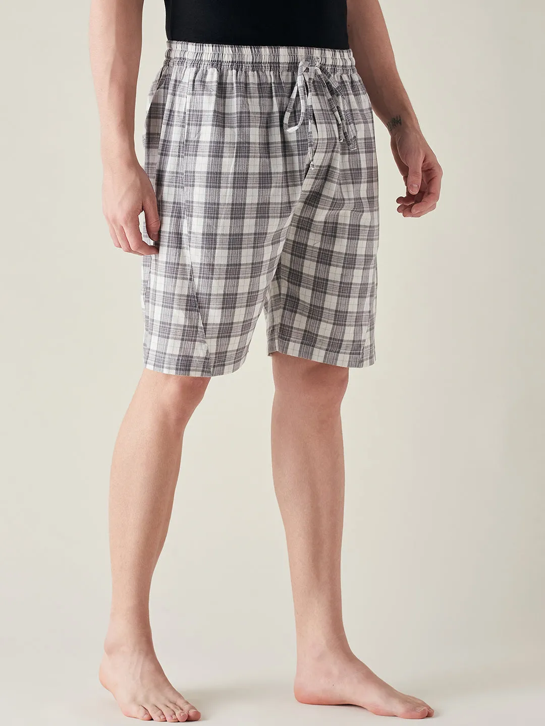 Mens White and Grey Soft Cotton Plaid Shorts