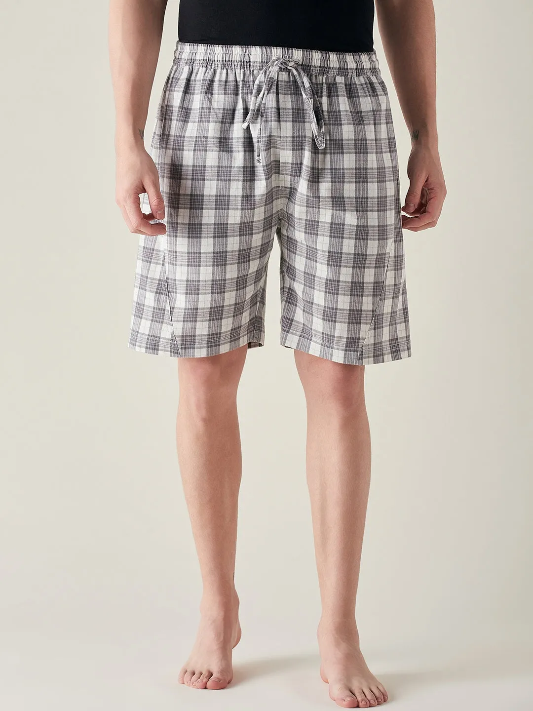 Mens White and Grey Soft Cotton Plaid Shorts