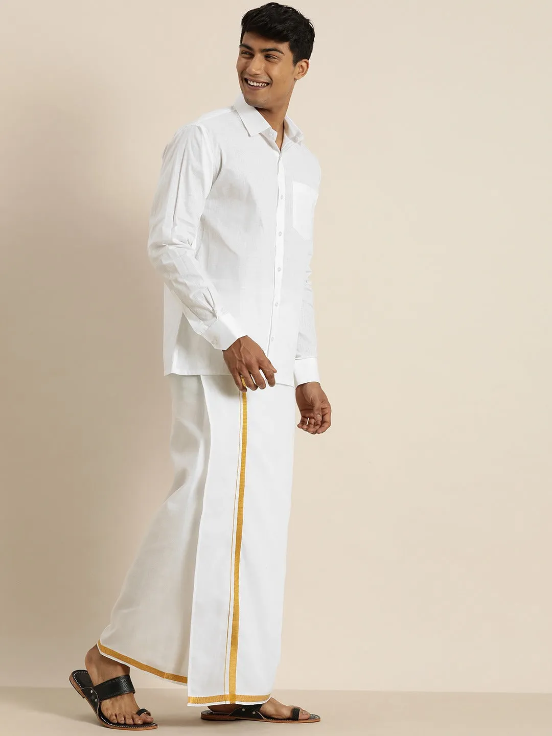 Men's White Cotton Ethnic Shirt And Mundu - Vastramay