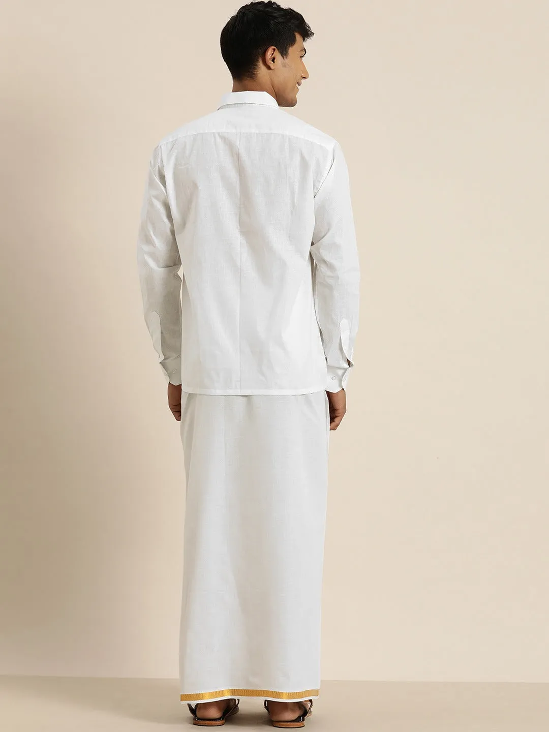 Men's White Cotton Ethnic Shirt And Mundu - Vastramay