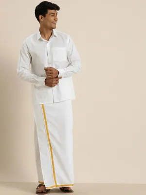 Men's White Cotton Ethnic Shirt And Mundu - Vastramay