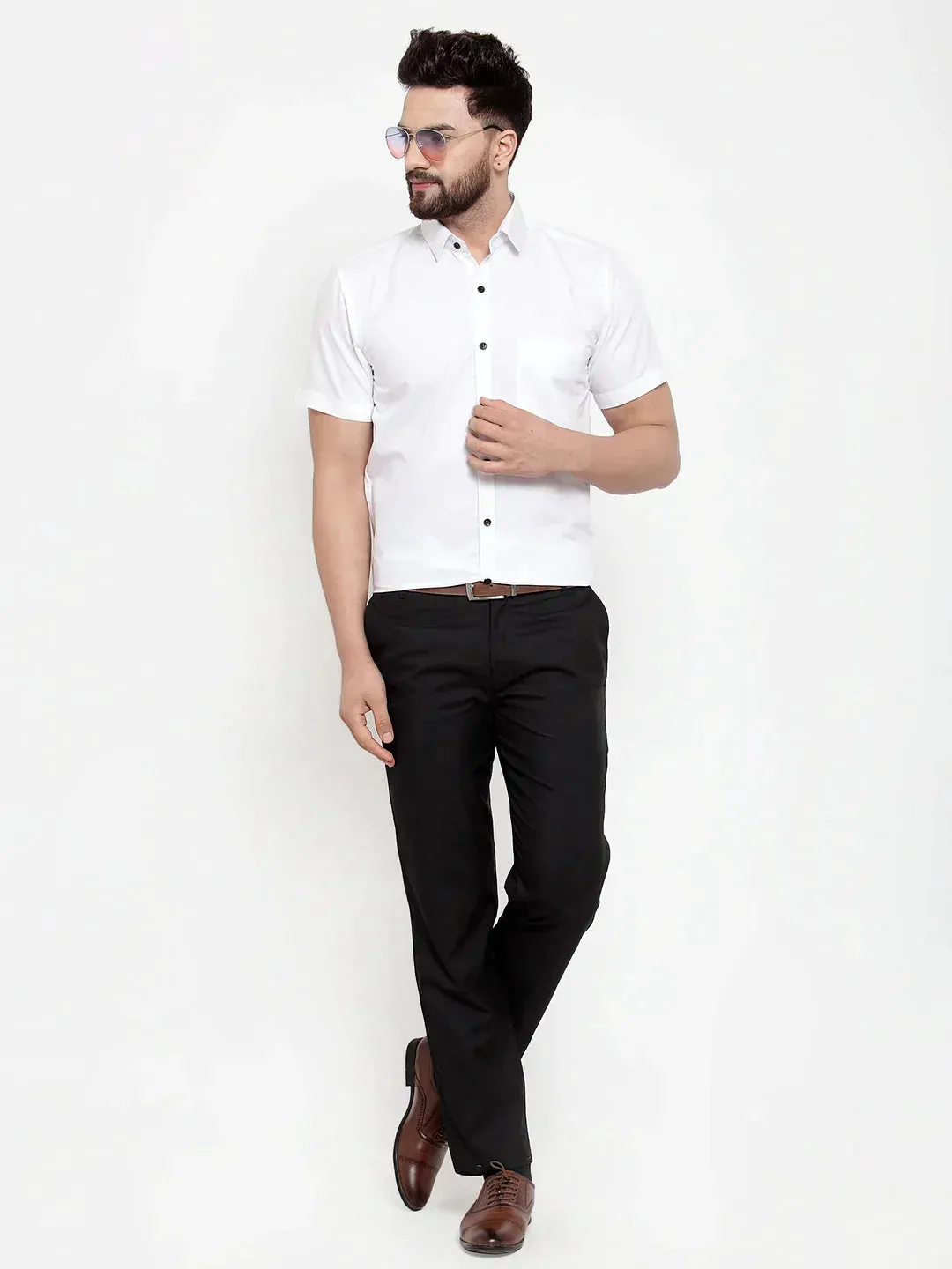 Men's White Cotton Half Sleeves Solid Formal Shirts - Taantav