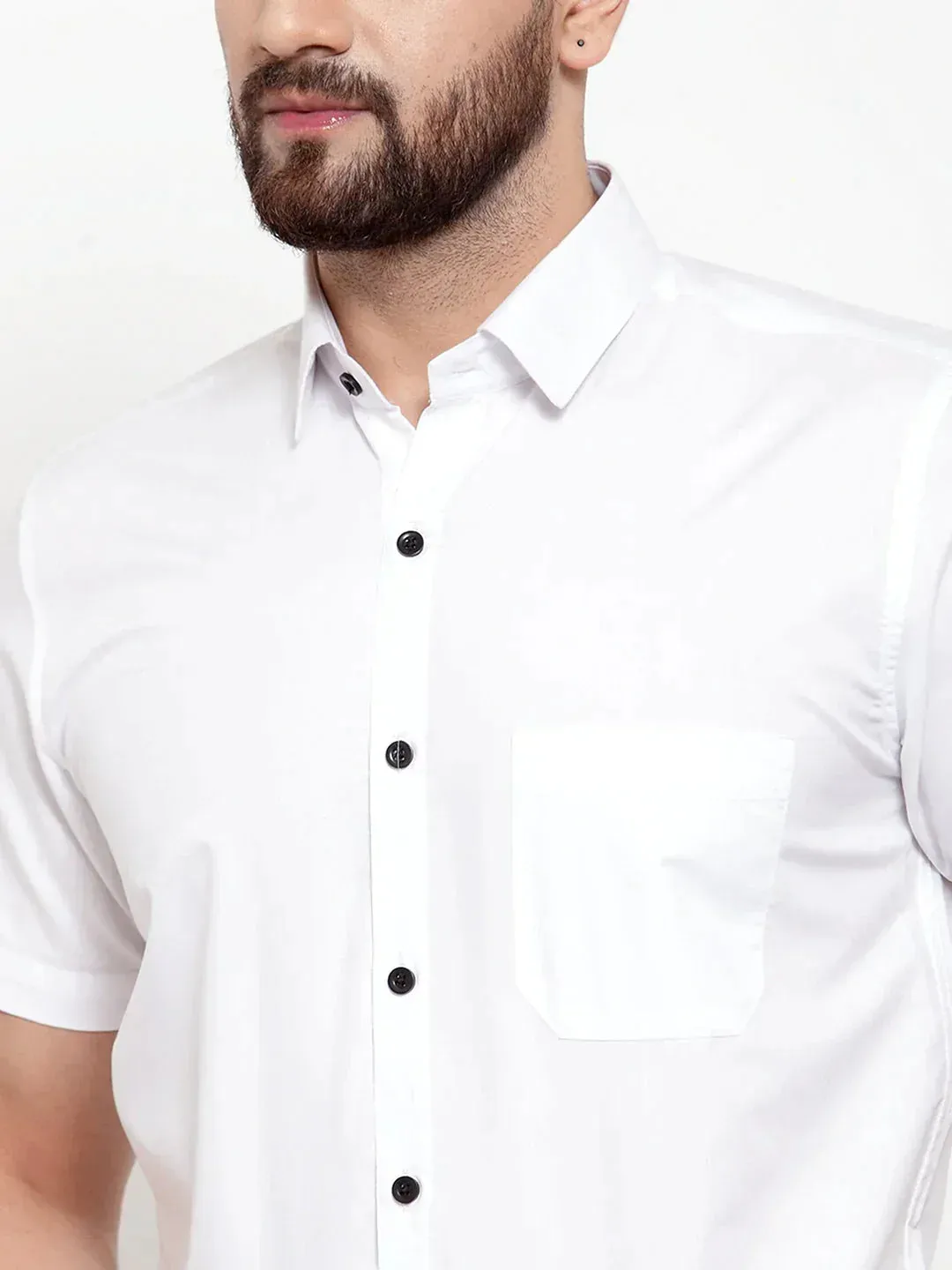 Men's White Cotton Half Sleeves Solid Formal Shirts - Taantav