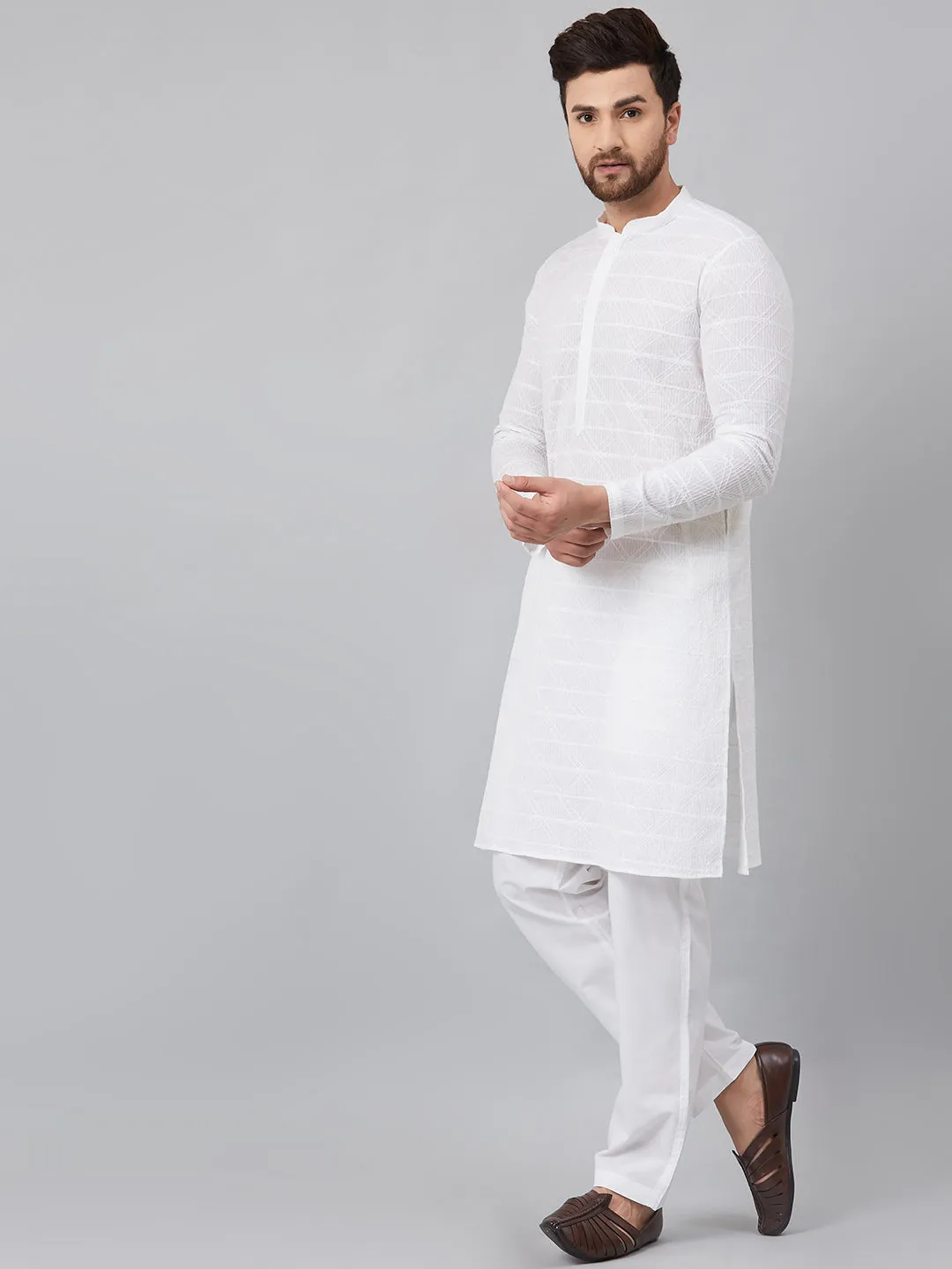 Men's White Green Chikankari Embroidered Woven Design Straight Kurta With Pyjama - See Designs