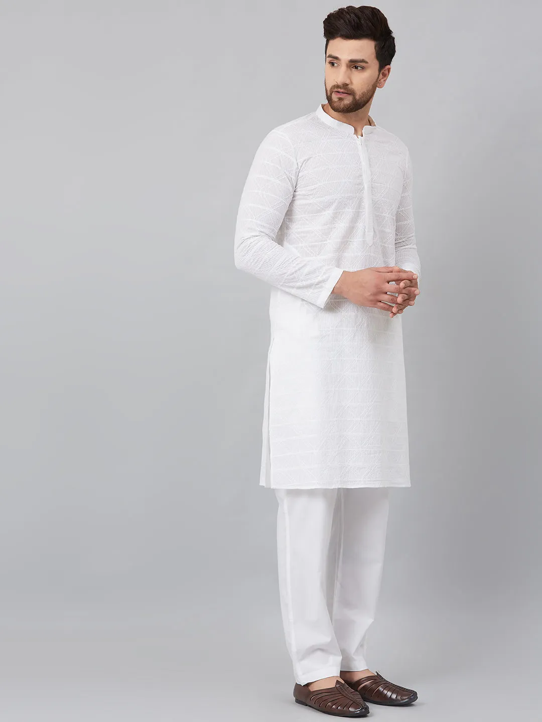 Men's White Green Chikankari Embroidered Woven Design Straight Kurta With Pyjama - See Designs