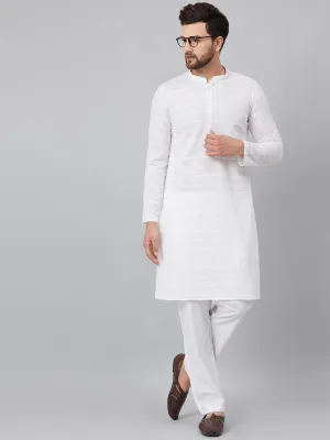 Men's White Green Chikankari Embroidered Woven Design Straight Kurta With Pyjama - See Designs