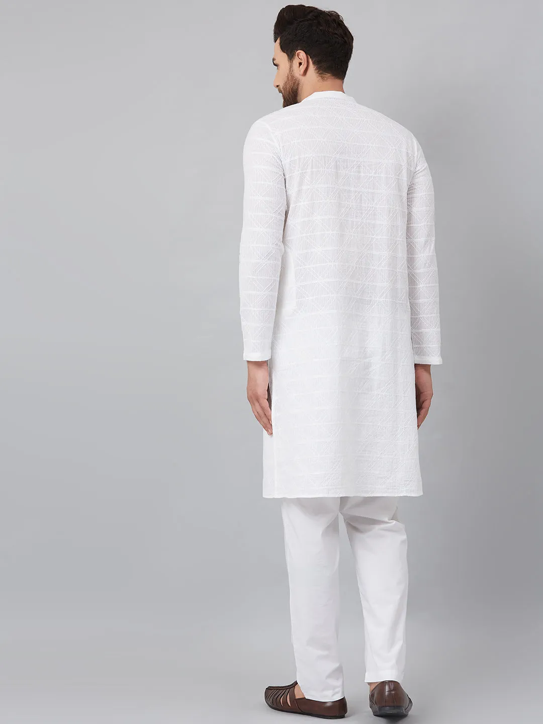 Men's White Green Chikankari Embroidered Woven Design Straight Kurta With Pyjama - See Designs