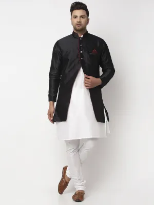 Men's White Kurta With Pyjama & Black Self Design Jacket - Benstoke