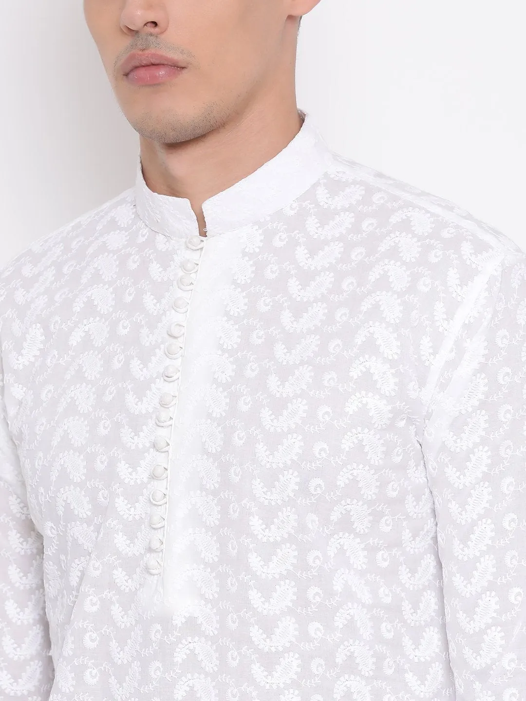 Men's White Pure Cotton Chikankari Kurta - Vastramay