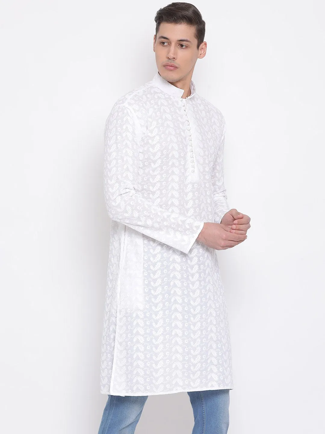 Men's White Pure Cotton Chikankari Kurta - Vastramay