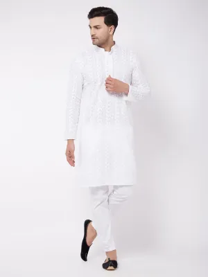 Men's White Pure Cotton Kurta Pyjama Set - Vastramay