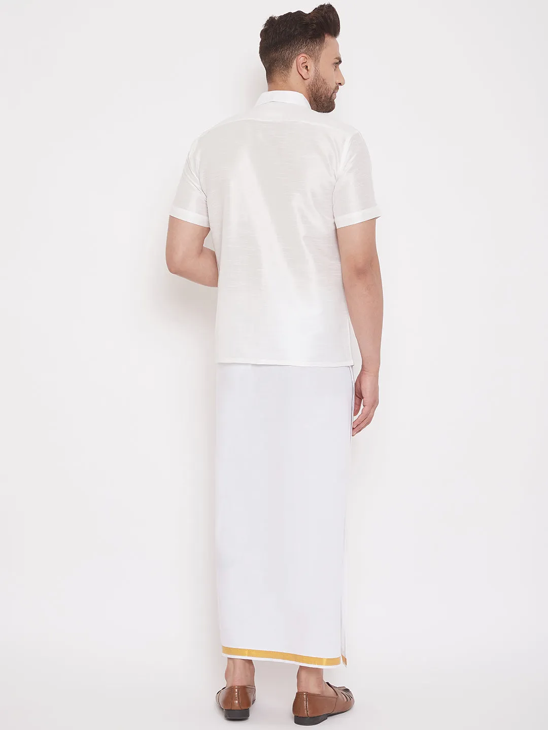 Men's White Silk Blend Shirt And Mundu - Vastramay