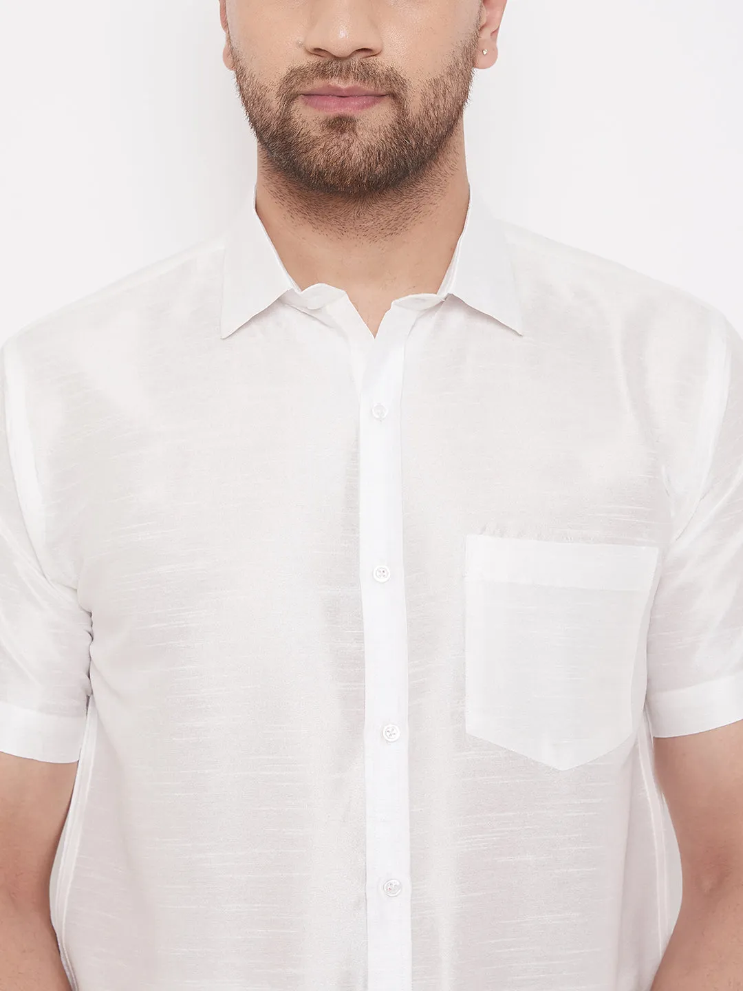 Men's White Silk Blend Shirt And Mundu - Vastramay