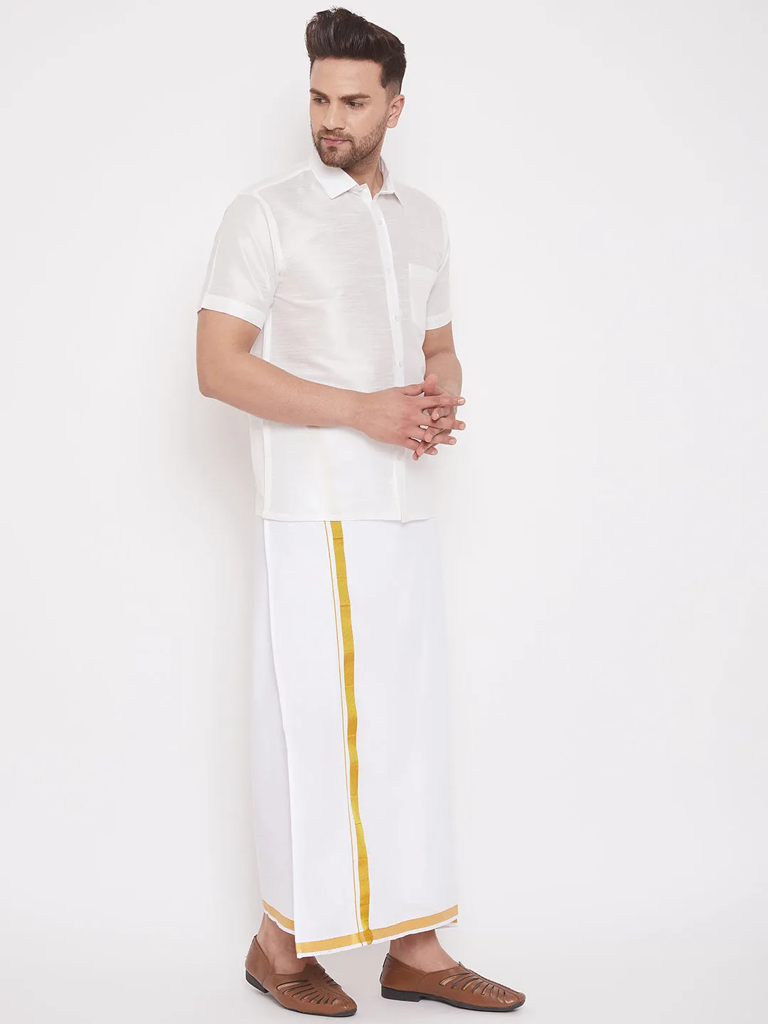 Men's White Silk Blend Shirt And Mundu - Vastramay