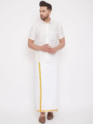 Men's White Silk Blend Shirt And Mundu - Vastramay