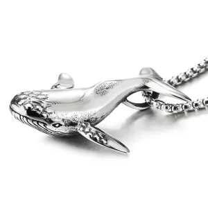 Mens Womens Stainless Steel Vintage Whale Pendant Necklace with 30 inch Wheat Chain, Unique