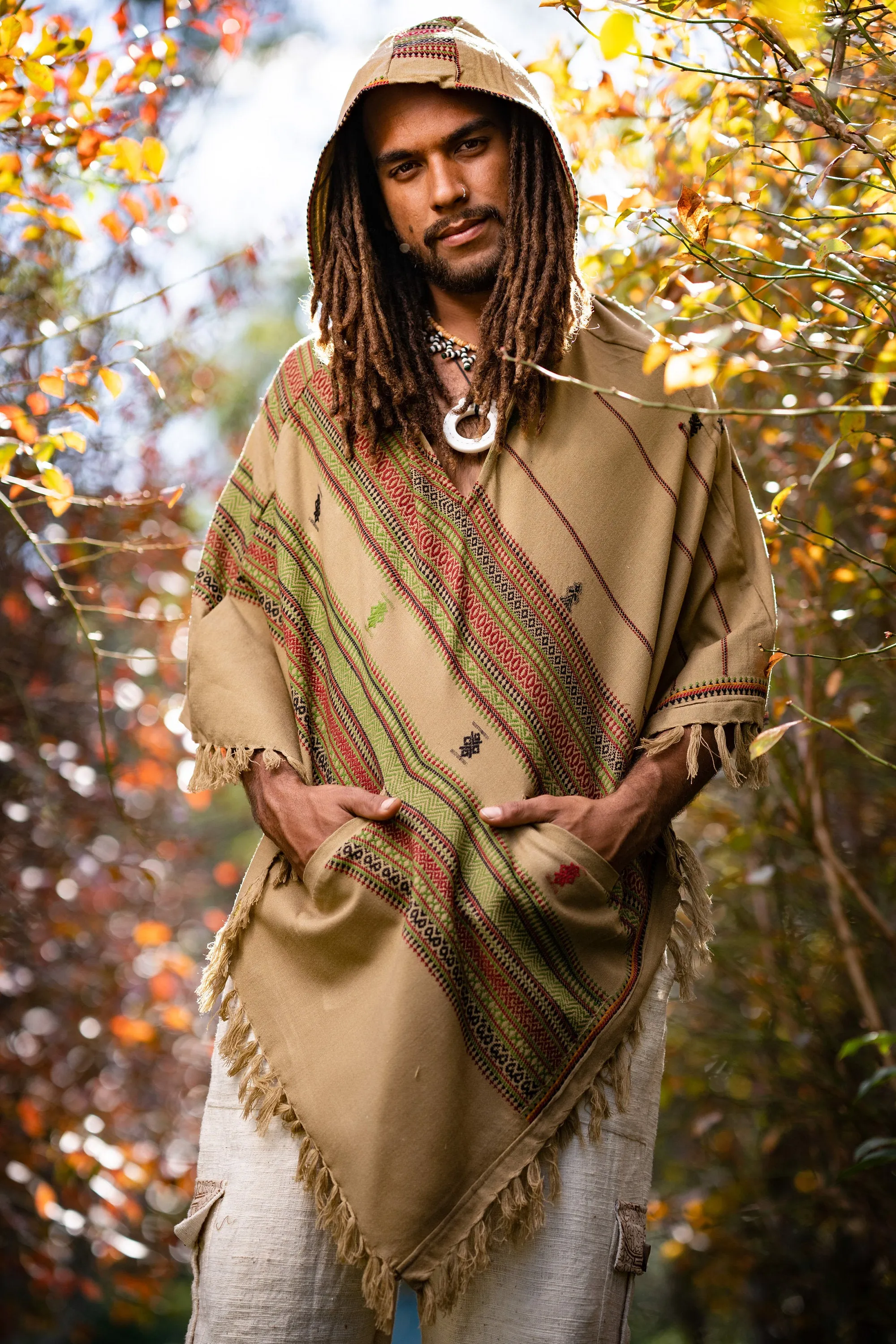 Men's Wool Hooded Poncho Desert Sand Brown Cashmere Wool with Hood pockets, Earthy Tribal Celtic Festival Gypsy AJJAYA Mexican Primitive Nomadic