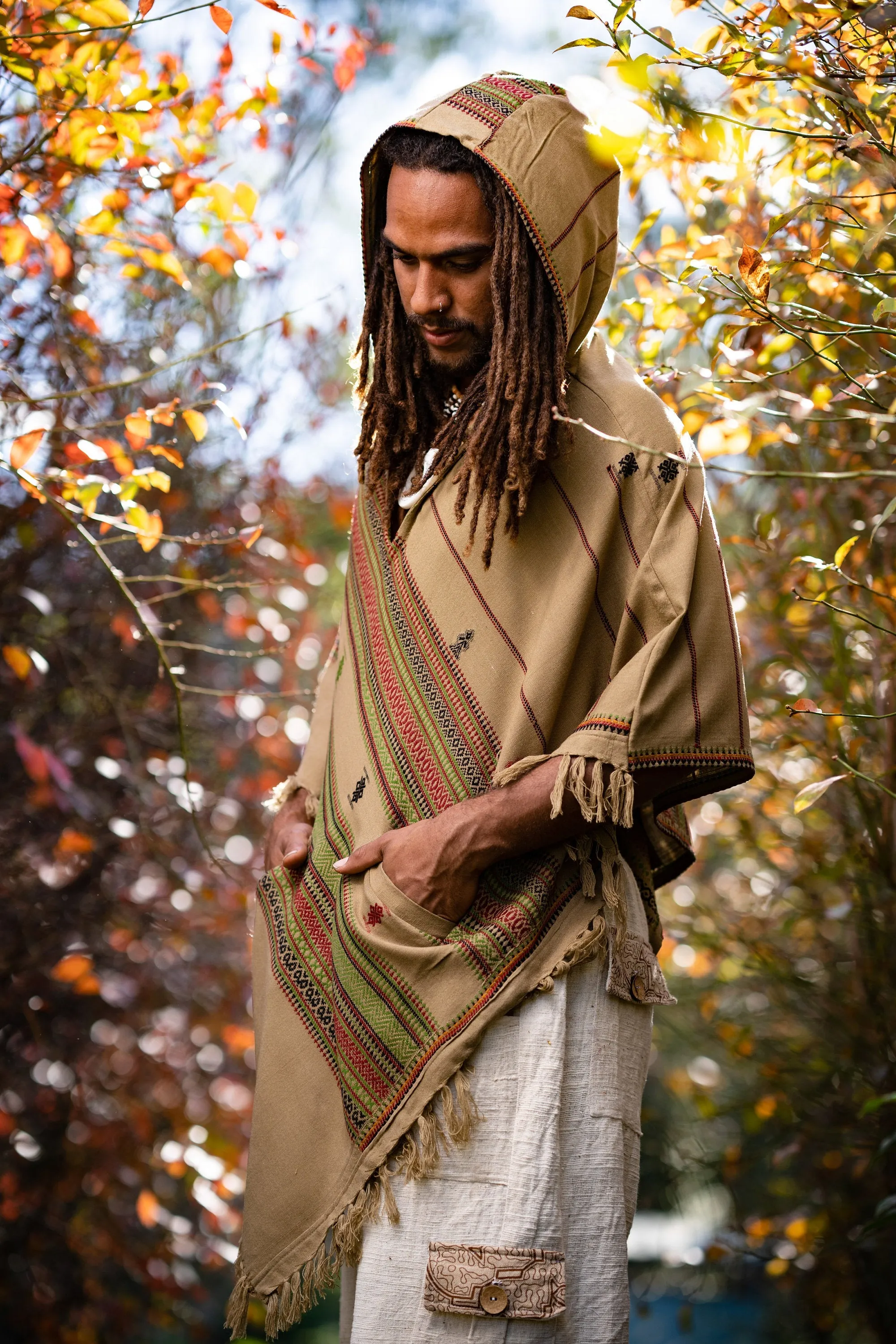 Men's Wool Hooded Poncho Desert Sand Brown Cashmere Wool with Hood pockets, Earthy Tribal Celtic Festival Gypsy AJJAYA Mexican Primitive Nomadic