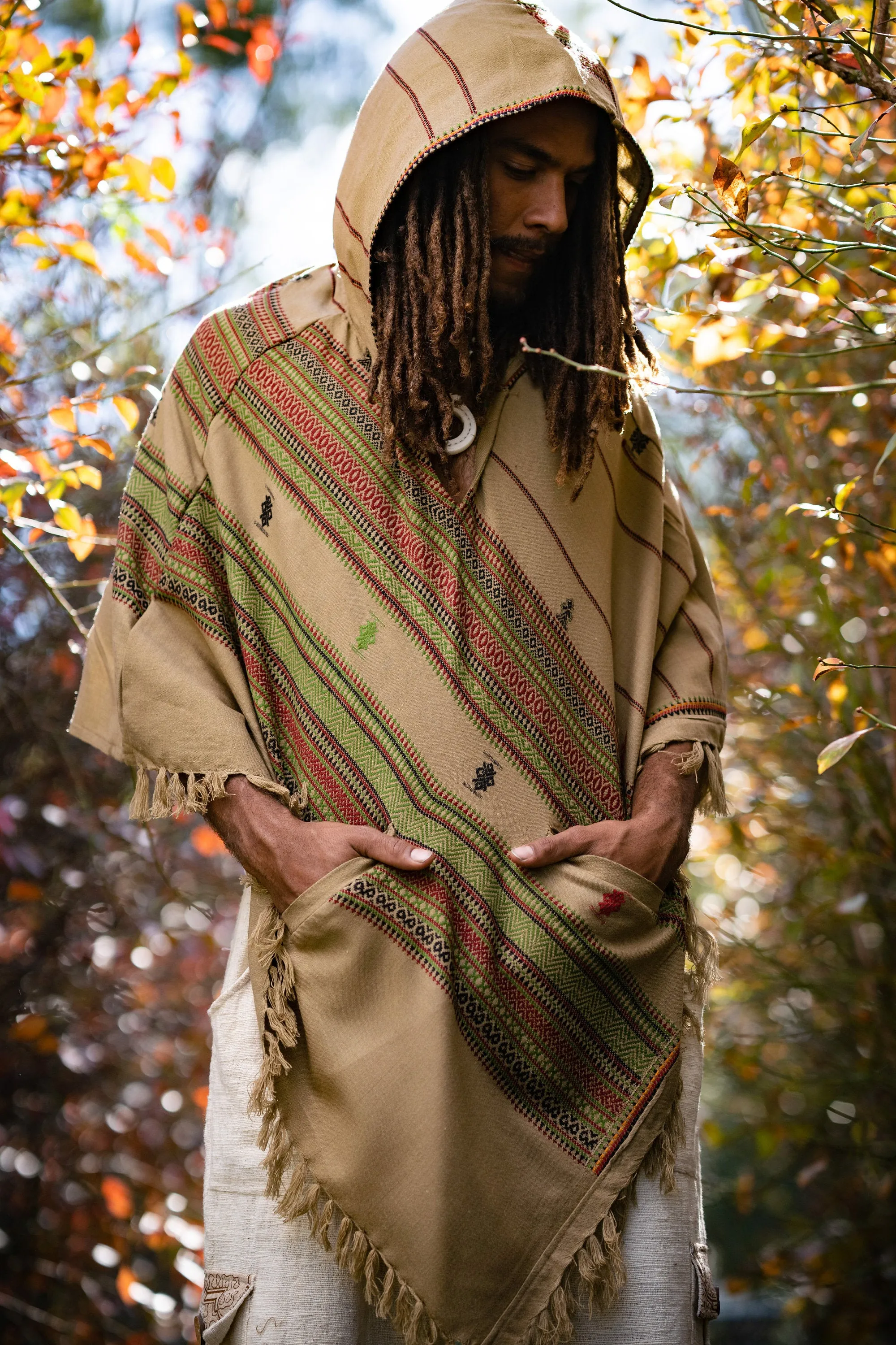 Men's Wool Hooded Poncho Desert Sand Brown Cashmere Wool with Hood pockets, Earthy Tribal Celtic Festival Gypsy AJJAYA Mexican Primitive Nomadic