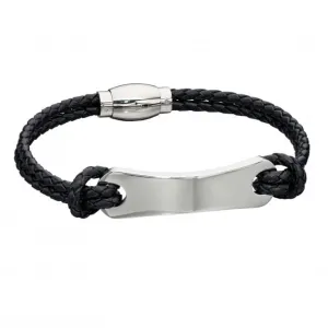 Mens Woven Black Leather ID Bar Bracelet B5277