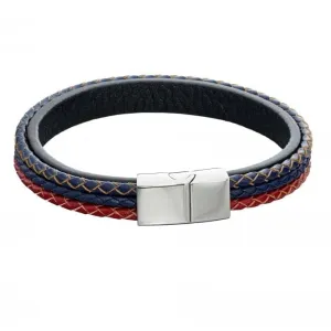 Mens Woven Blue Red Grey Leather Magnetic Clasp Bracelet B5283