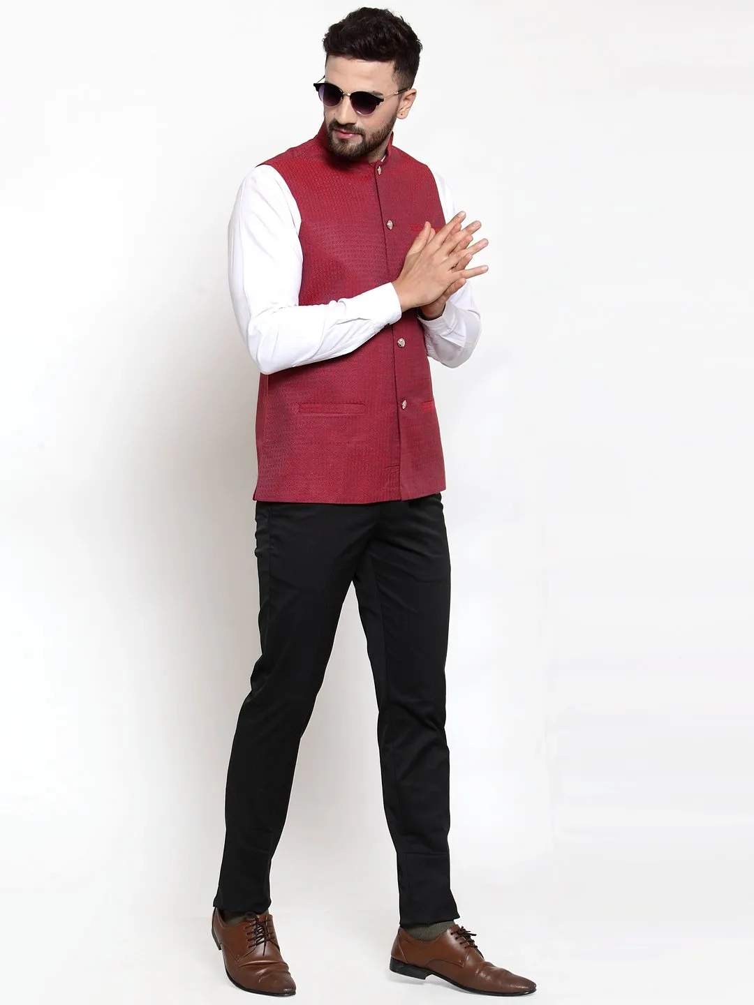 Men's Woven Design Nehru Jacket - Virat Fashions