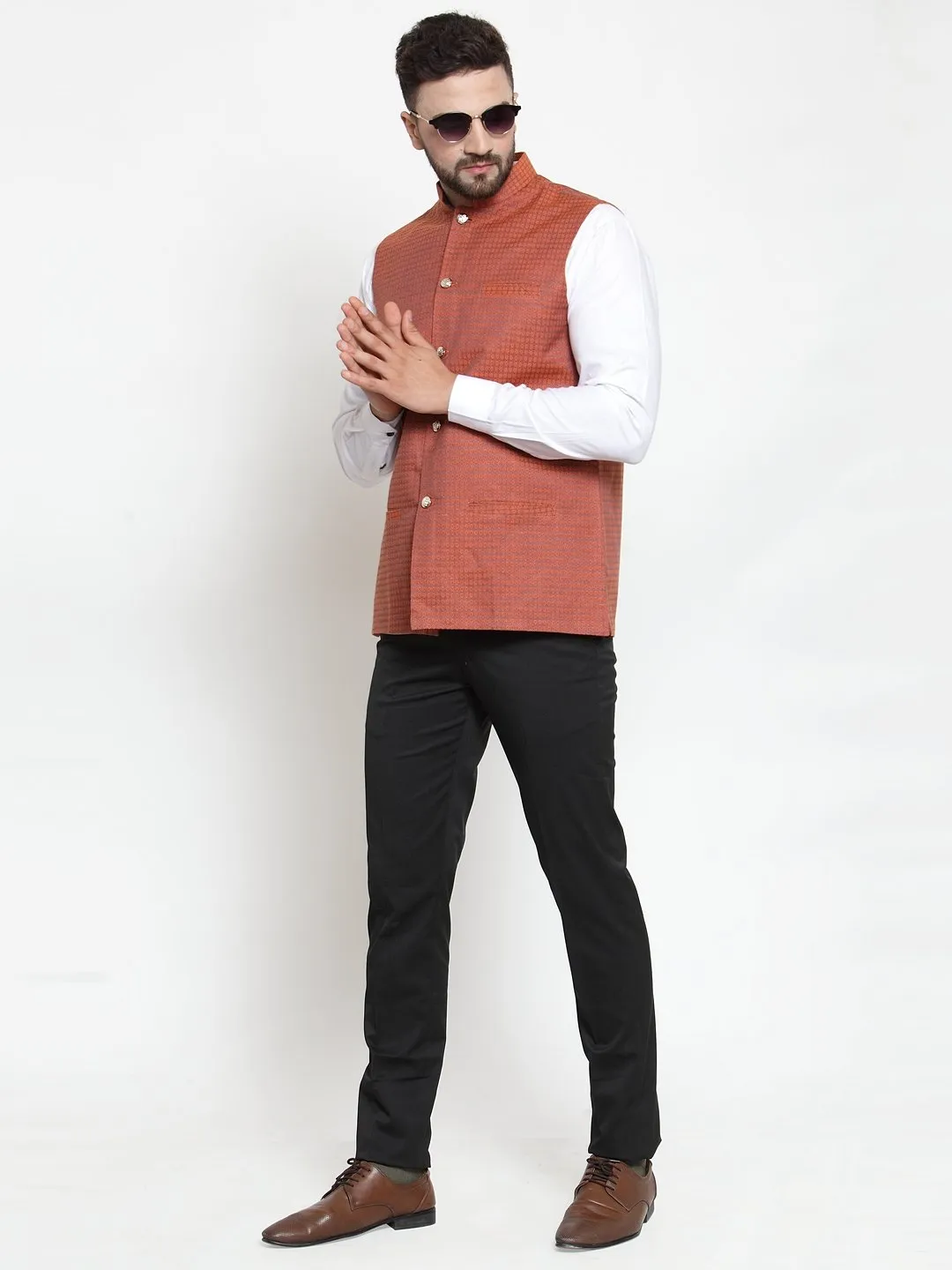 Men's Woven Design Nehru Jacket - Virat Fashions