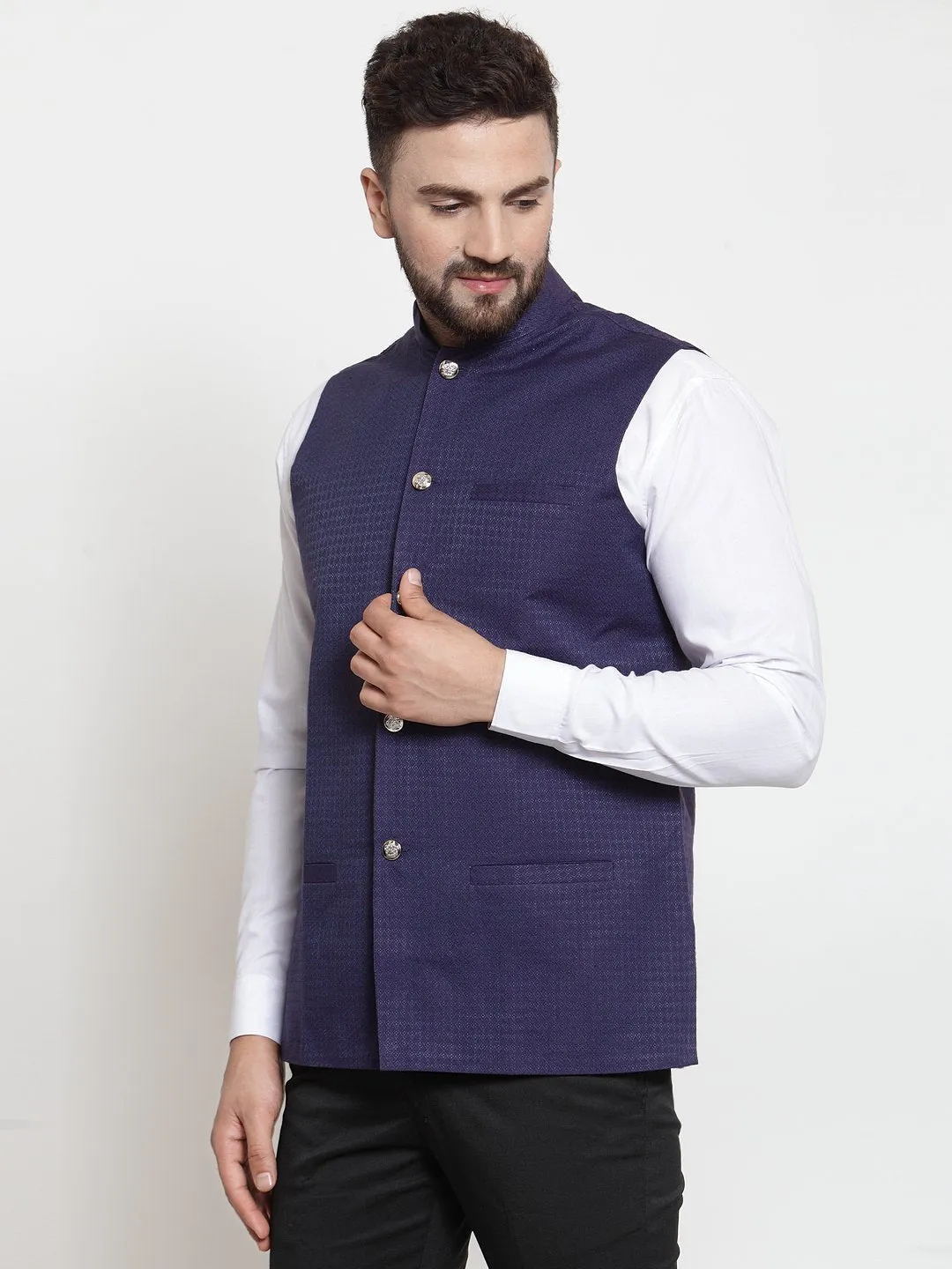 Men's Woven Design Nehru Jacket - Virat Fashions