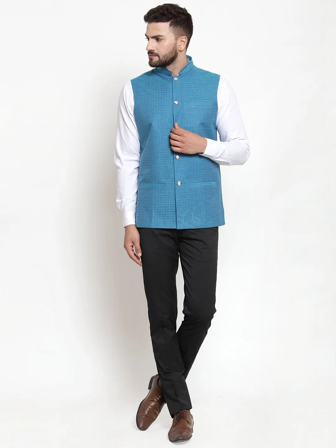 Men's Woven Design Nehru Jacket - Virat Fashions