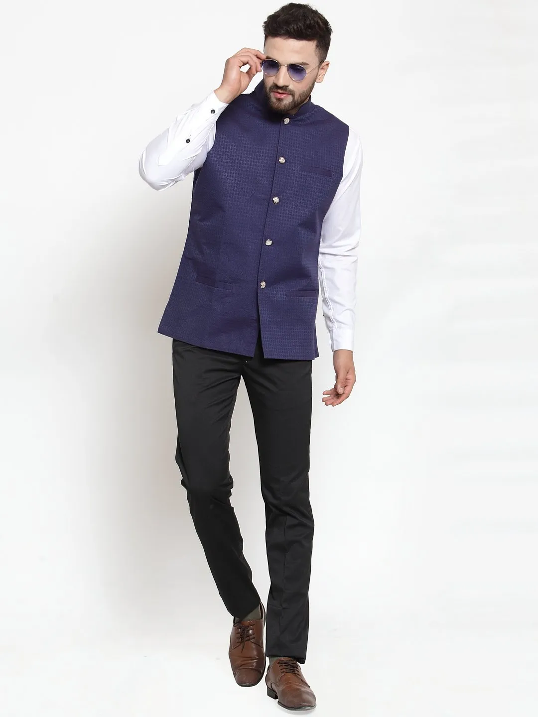 Men's Woven Design Nehru Jacket - Virat Fashions