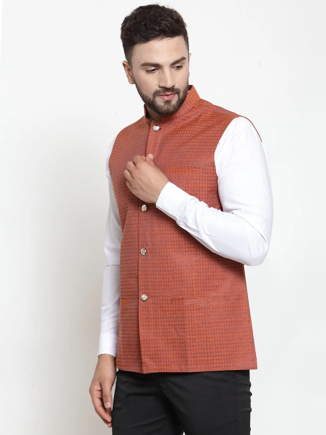 Men's Woven Design Nehru Jacket - Virat Fashions