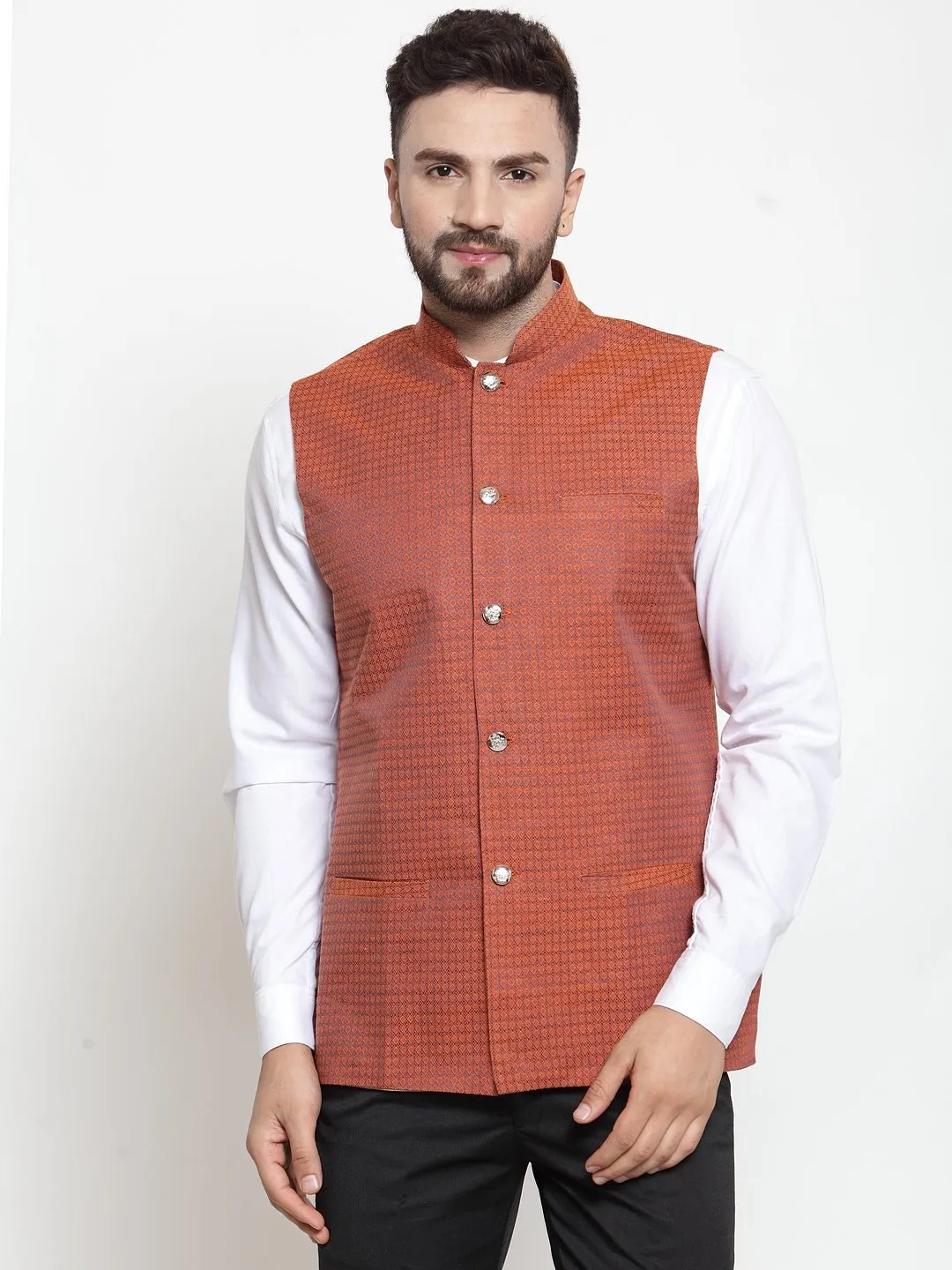 Men's Woven Design Nehru Jacket - Virat Fashions