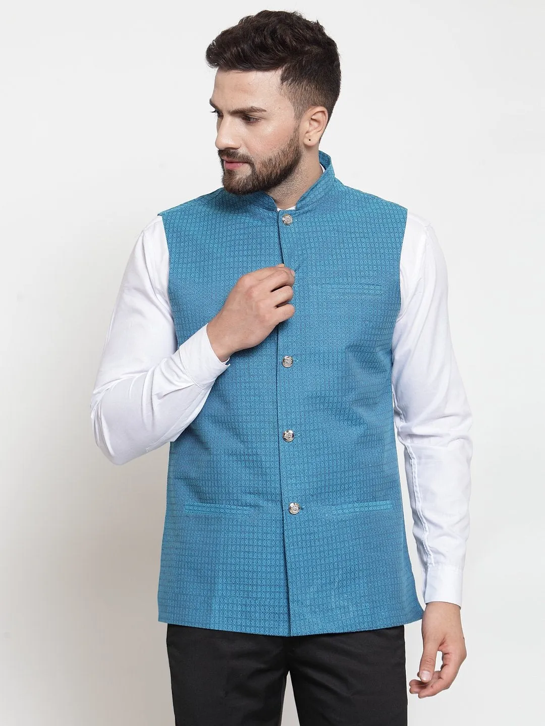 Men's Woven Design Nehru Jacket - Virat Fashions