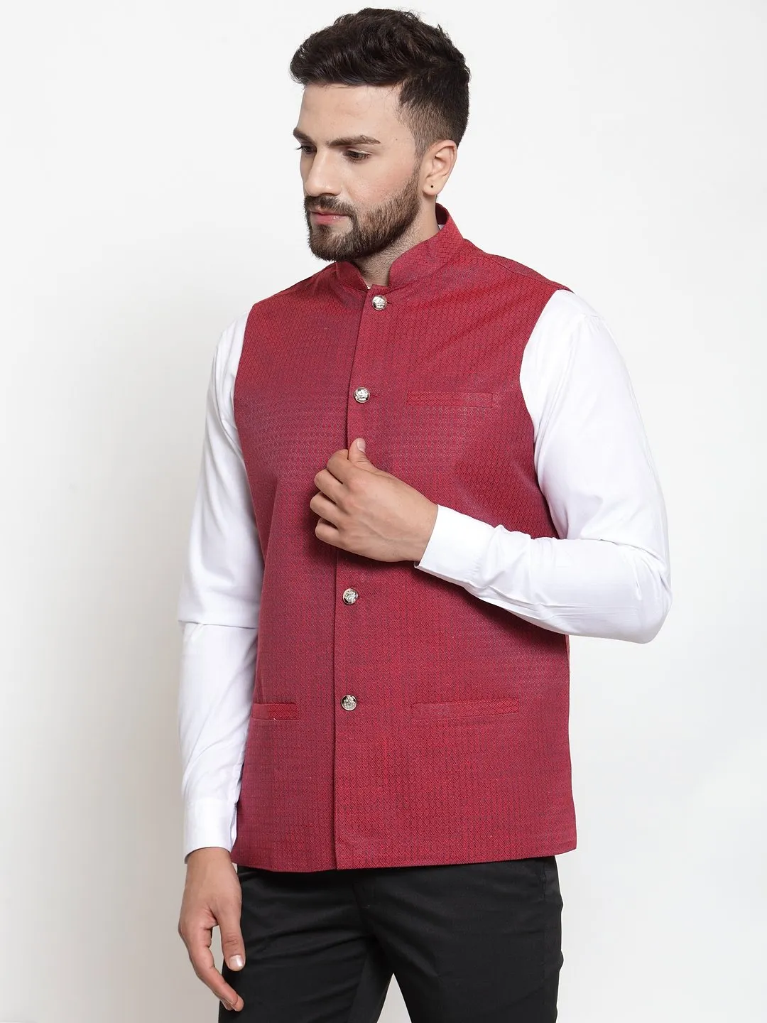 Men's Woven Design Nehru Jacket - Virat Fashions