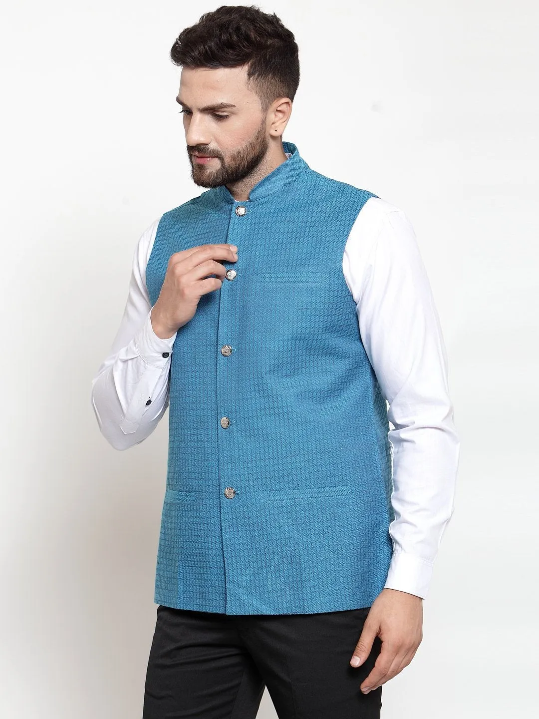 Men's Woven Design Nehru Jacket - Virat Fashions