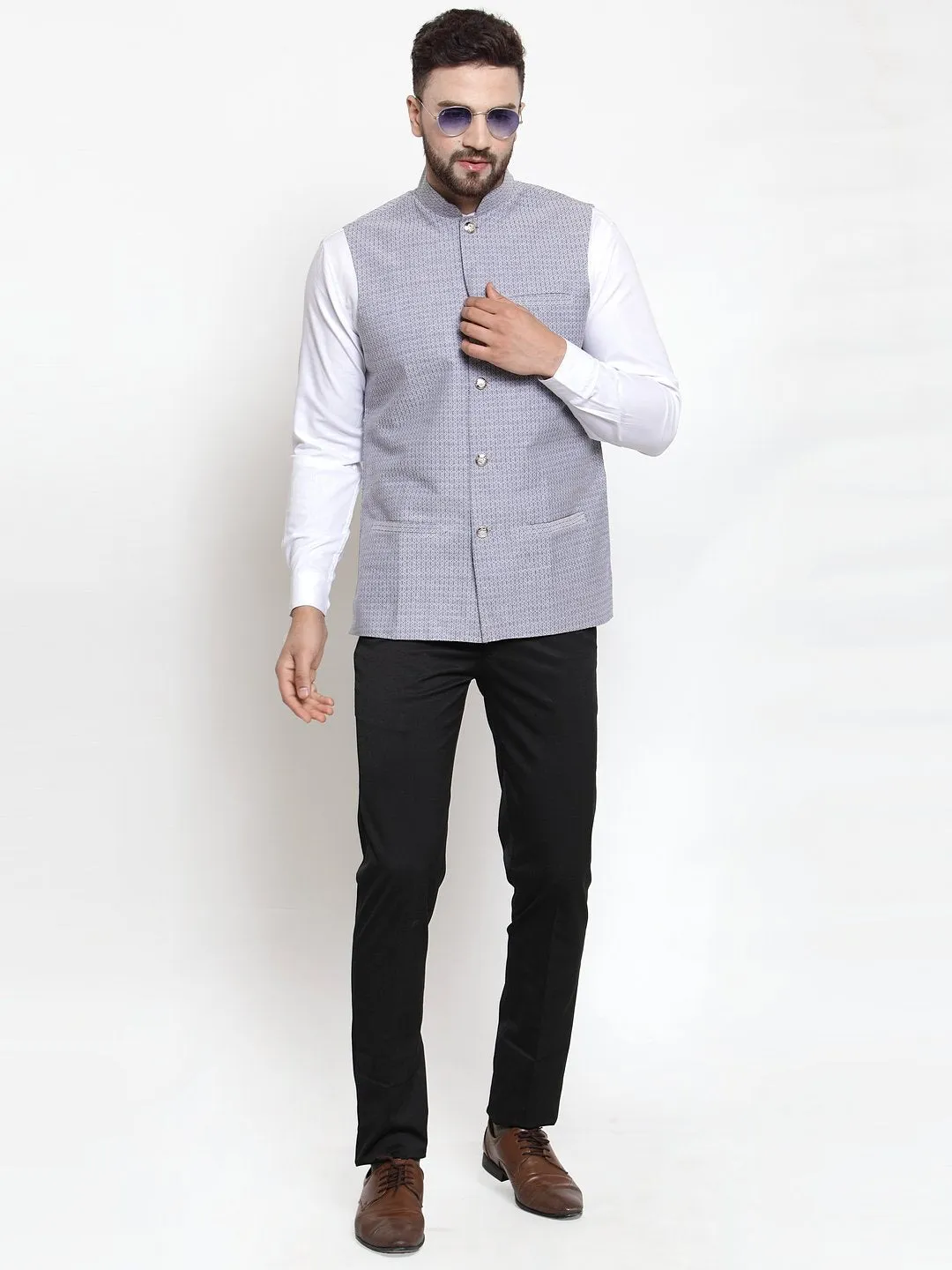 Men's Woven Design Nehru Jacket - Virat Fashions