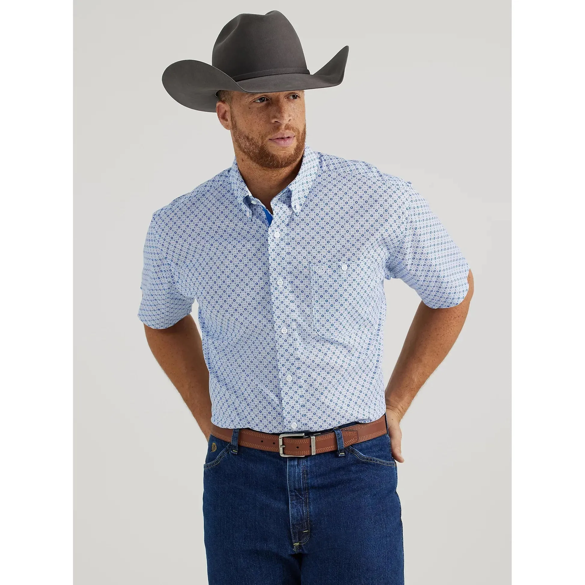 MEN'S WRANGLER GEORGE STRAIT SHORT SLEEVE ONE POCKET BUTTON DOWN SHIRT IN MARINE PLATES