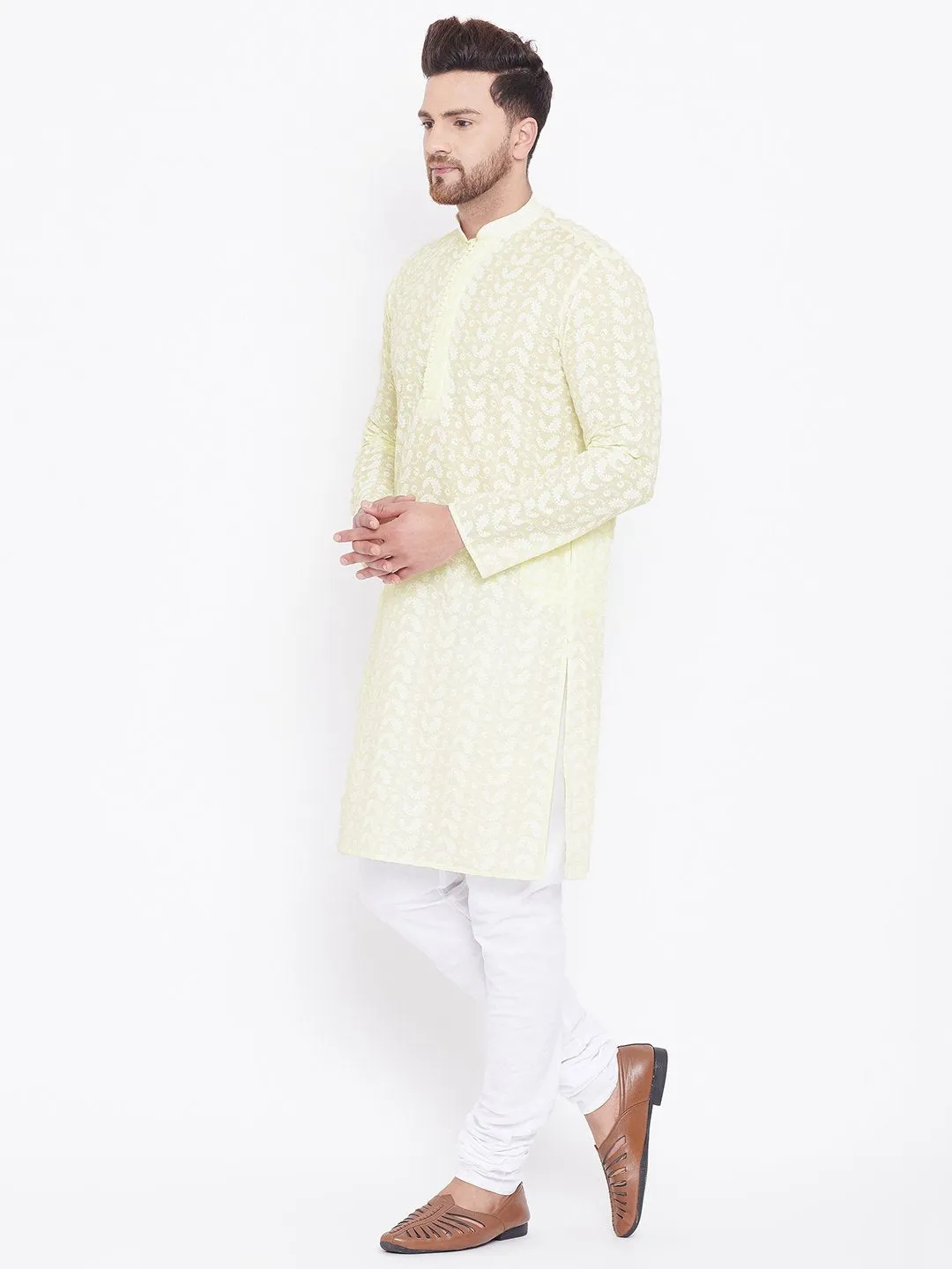 Men's Yellow and White Chikankari Kurta Pyjama Set - Vastramay