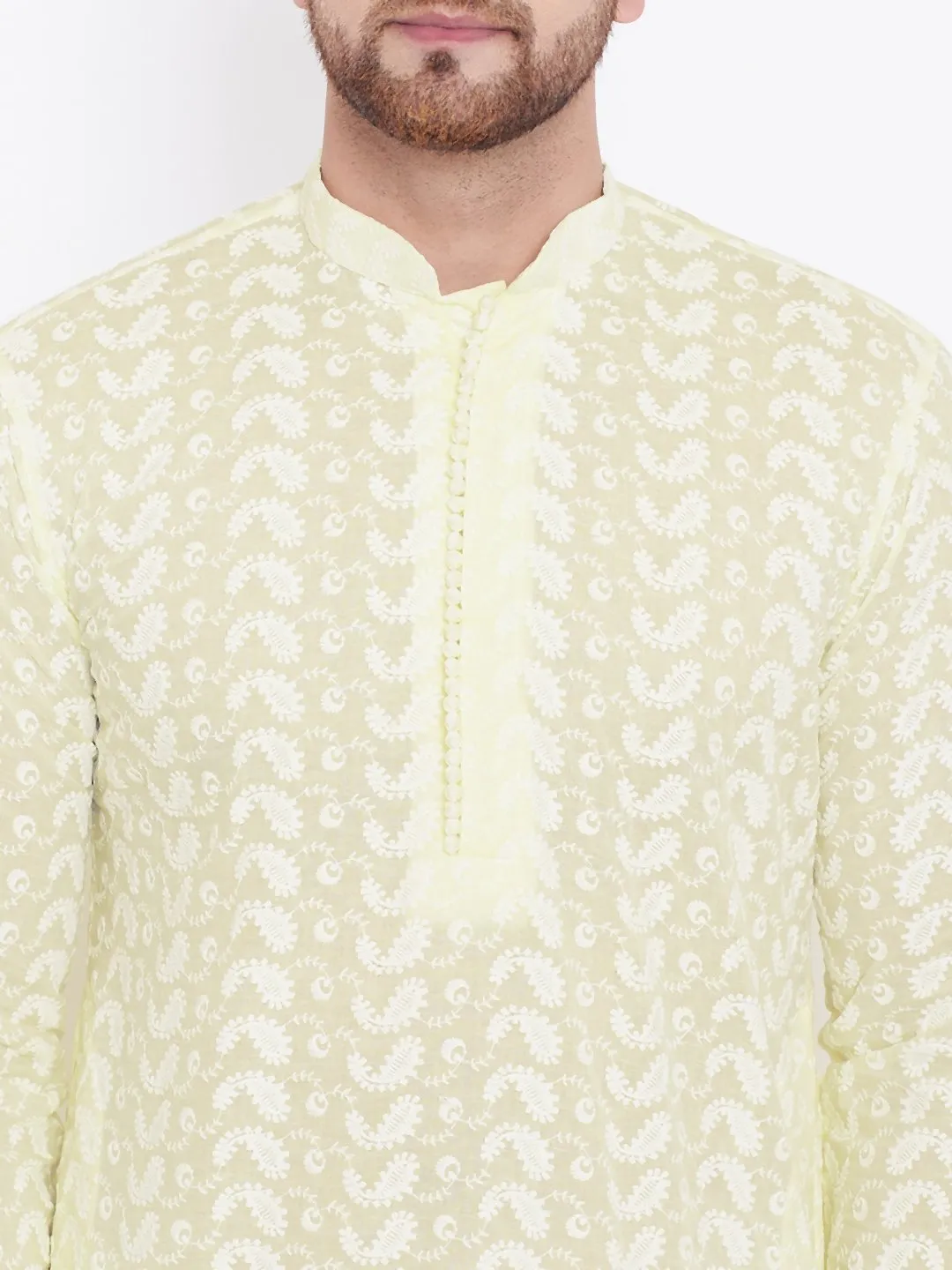 Men's Yellow and White Chikankari Kurta Pyjama Set - Vastramay