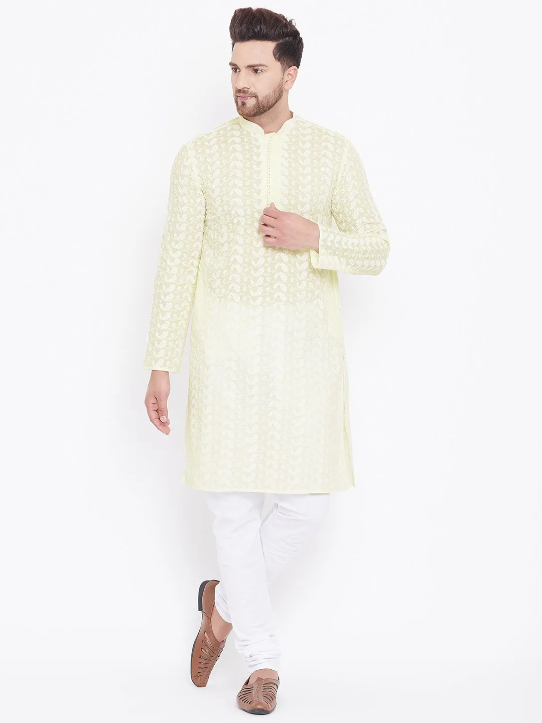 Men's Yellow and White Chikankari Kurta Pyjama Set - Vastramay