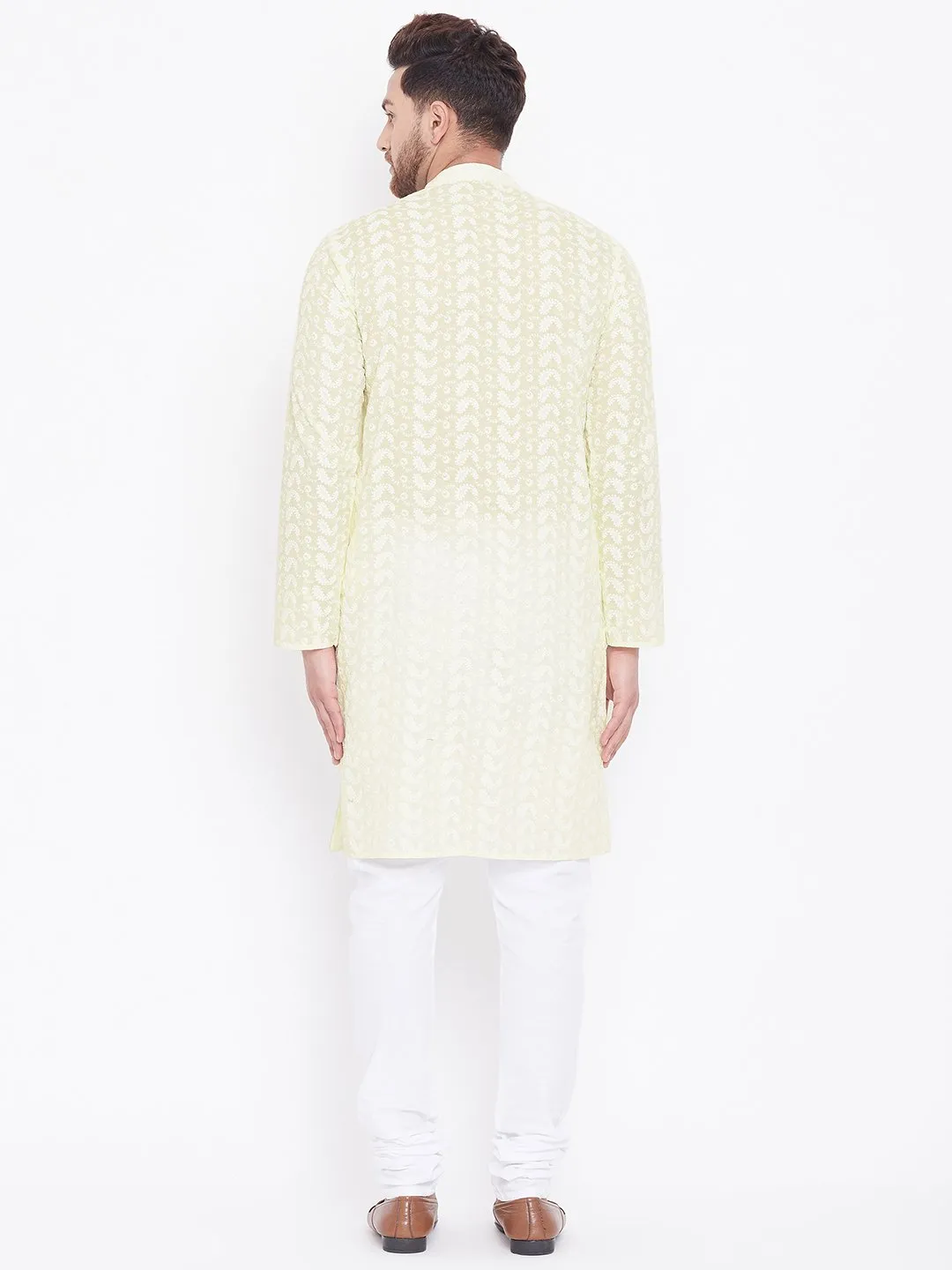 Men's Yellow and White Chikankari Kurta Pyjama Set - Vastramay