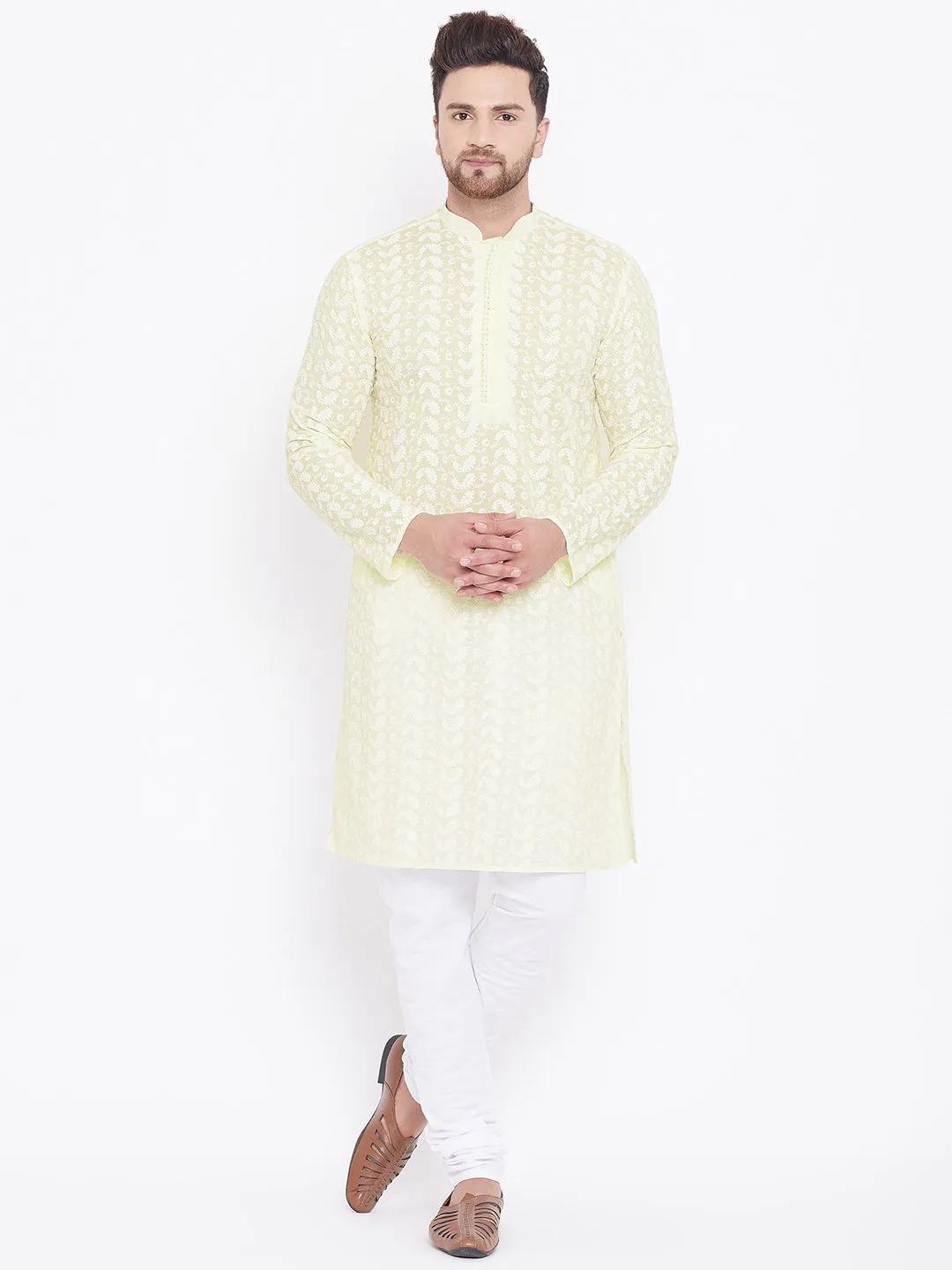 Men's Yellow and White Chikankari Kurta Pyjama Set - Vastramay