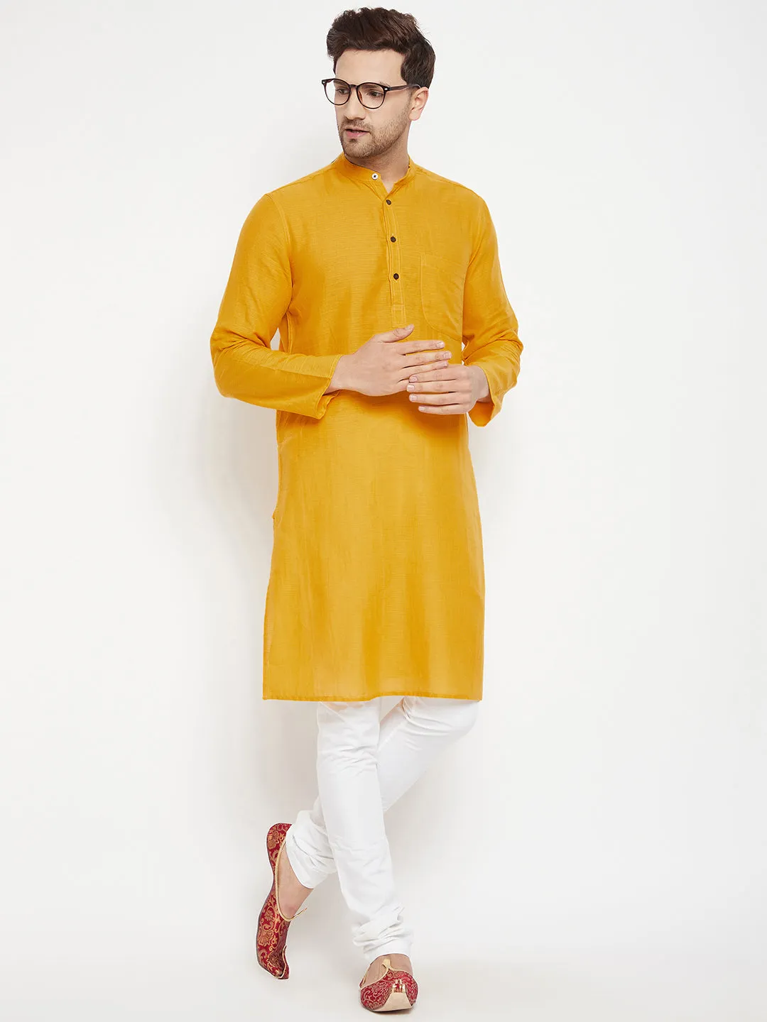 Men's Yellow Color Long Kurta with Band Collar - Even Apparels