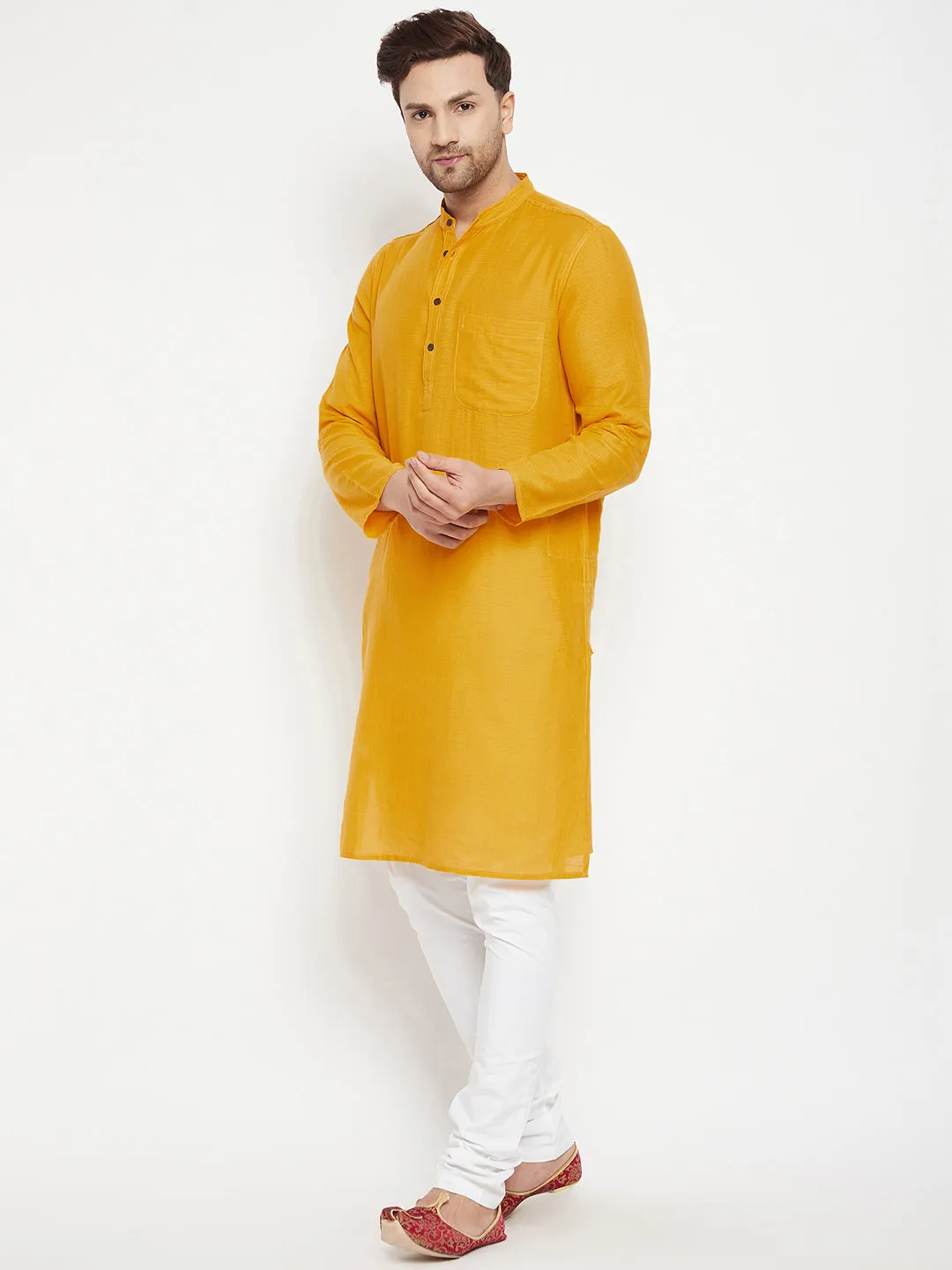 Men's Yellow Color Long Kurta with Band Collar - Even Apparels